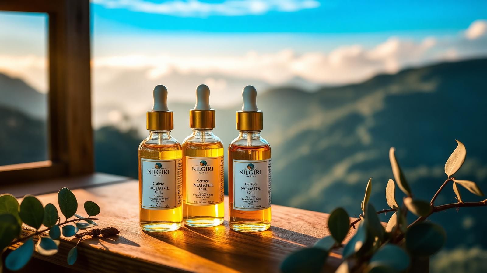 Nilgiri eucalyptus and essential oils in glass bottles from Coonoor Chocolate Factory