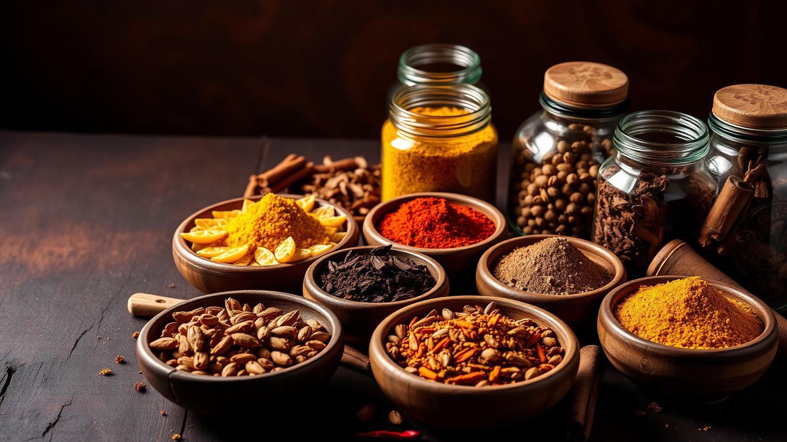 Assorted Nilgiri spices and dry fruits arranged in wooden bowls