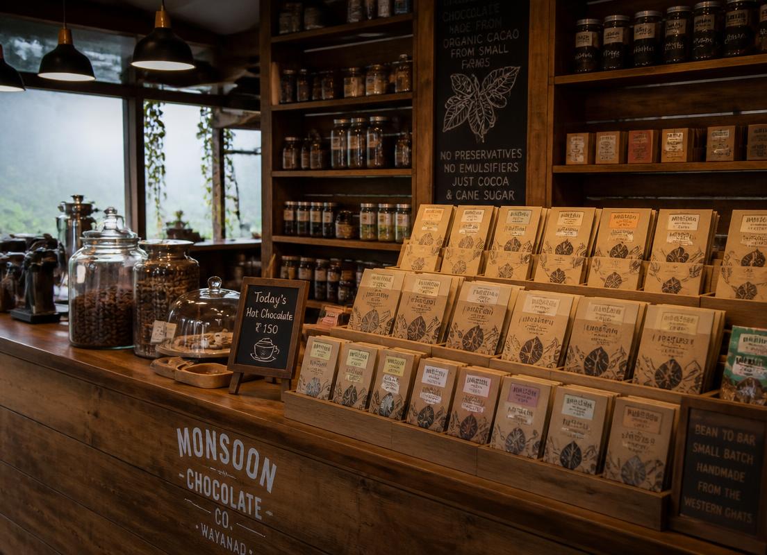 Coonoor Chocolate Factory shop counter with handmade chocolate bars